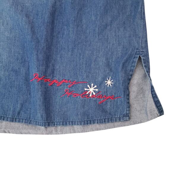 Vintage Karen Scott Denim Christmas Happy Holidays Embroidered Stockings Shirt - Picture 11 of 13